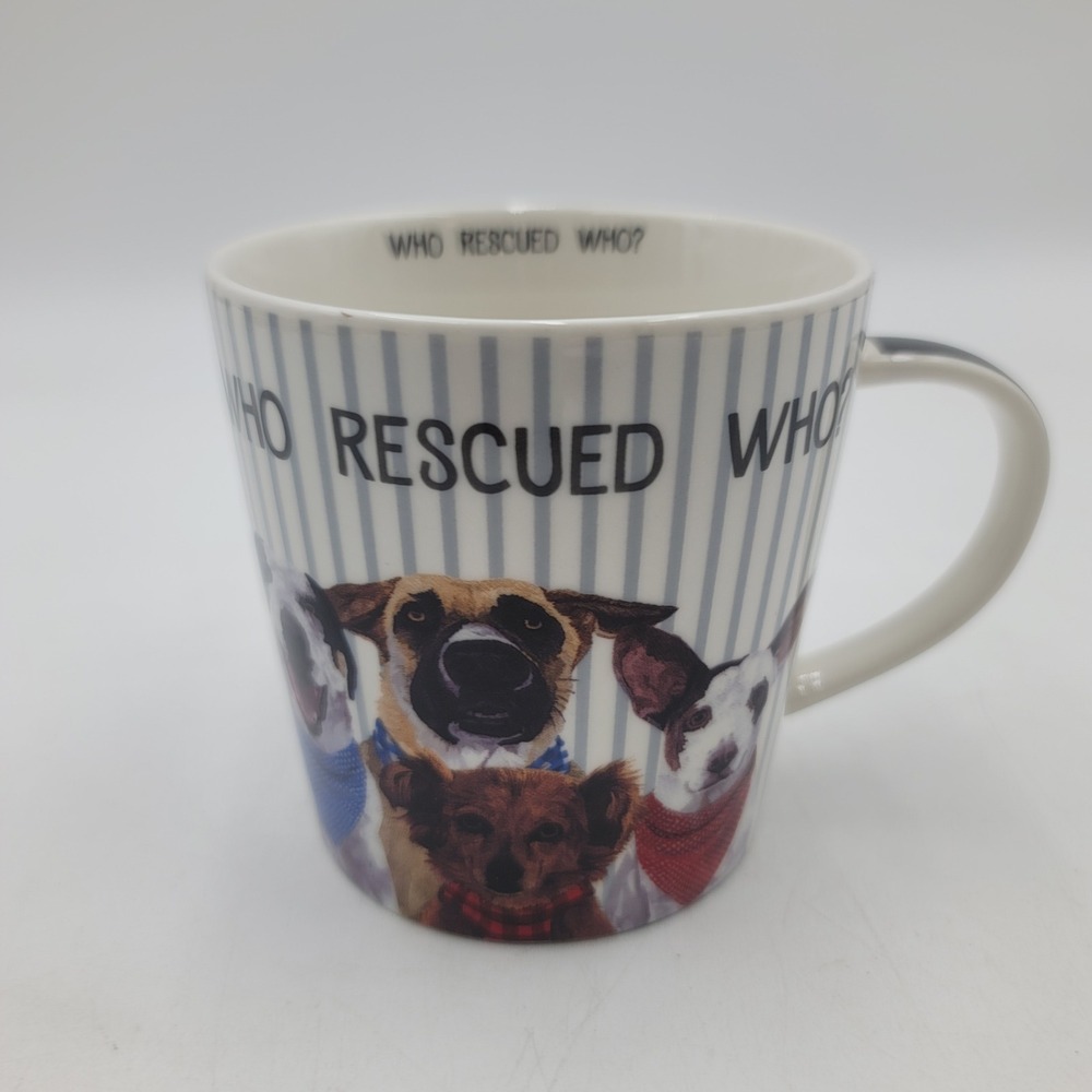 Two Can Art Who Rescued Who 16oz Dog Mug PPD New Bone China Striped Coffee Cup